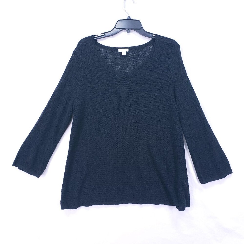 J. Jill Black Stretch Weave Knit Linen Blend Textured V-Neck Sweater Size XL